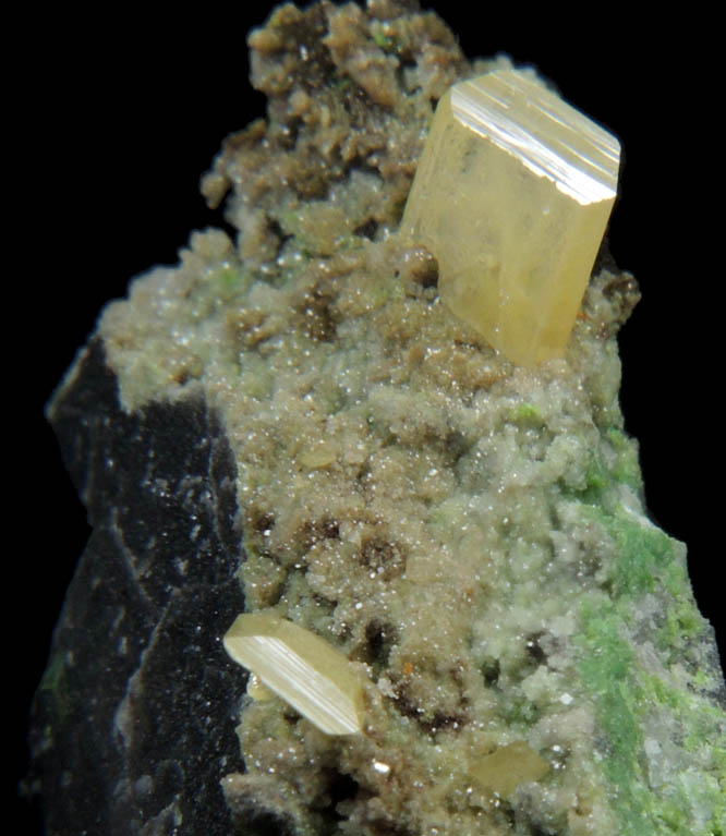 Wulfenite on Calcite-Smithsonite with Duftite from Tsumeb Mine, Otavi-Bergland District, Oshikoto, Namibia (Type Locality for Duftite)