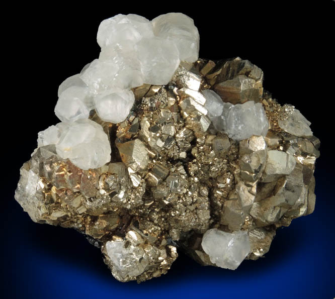 Calcite on Pyrite, Sphalerite from Trepca Stan Terg Mine, Trepca District, 10 km east of Kosozska Mitrovica, Kosovo