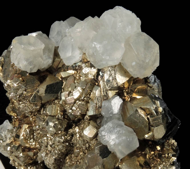 Calcite on Pyrite, Sphalerite from Trepca Stan Terg Mine, Trepca District, 10 km east of Kosozska Mitrovica, Kosovo