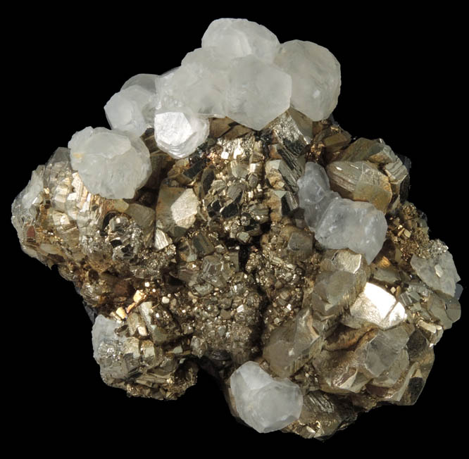 Calcite on Pyrite, Sphalerite from Trepca Stan Terg Mine, Trepca District, 10 km east of Kosozska Mitrovica, Kosovo