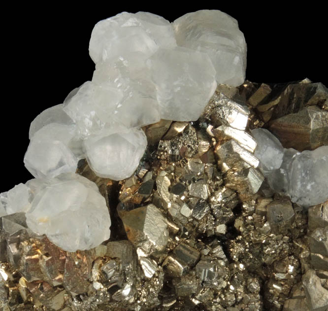 Calcite on Pyrite, Sphalerite from Trepca Stan Terg Mine, Trepca District, 10 km east of Kosozska Mitrovica, Kosovo