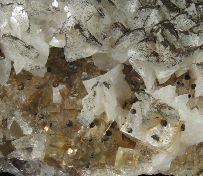 Pyrite and Dolomite over Fluorite from Villabona District, Asturias, Spain