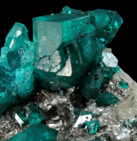 Dioptase on Calcite from Altyn-Tyube, 66 km east of Karagandy, Karaganda Oblast', Kazakhstan (Type Locality for Dioptase)