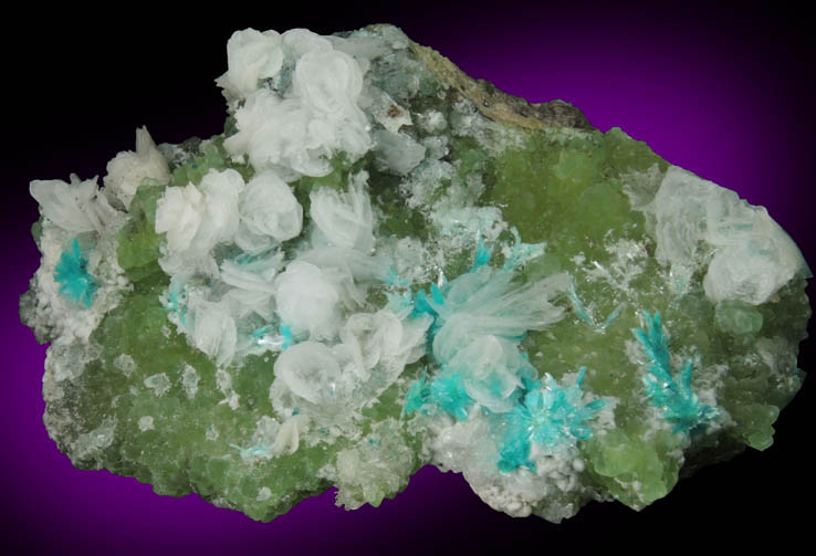Calcite, Aurichalcite, Hemimorphite with Cu-rich Smithsonite from 79 Mine, Banner District, near Hayden, Gila County, Arizona