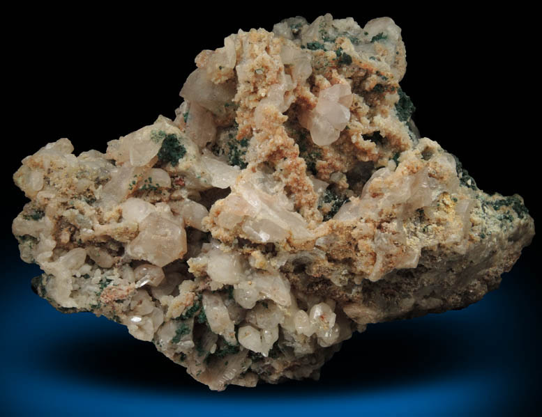 Cerussite (twinned crystals) on Calcite with Malachite from Tsumeb Mine, Otavi-Bergland District, Oshikoto, Namibia