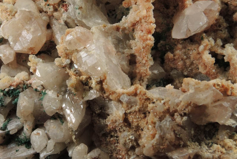 Cerussite (twinned crystals) on Calcite with Malachite from Tsumeb Mine, Otavi-Bergland District, Oshikoto, Namibia