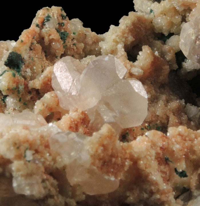 Cerussite (twinned crystals) on Calcite with Malachite from Tsumeb Mine, Otavi-Bergland District, Oshikoto, Namibia