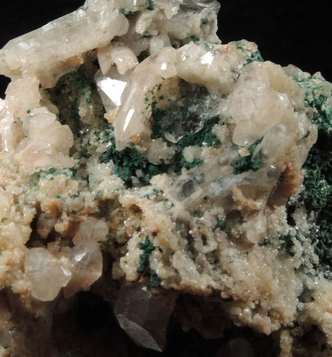 Cerussite (twinned crystals) on Calcite with Malachite from Tsumeb Mine, Otavi-Bergland District, Oshikoto, Namibia