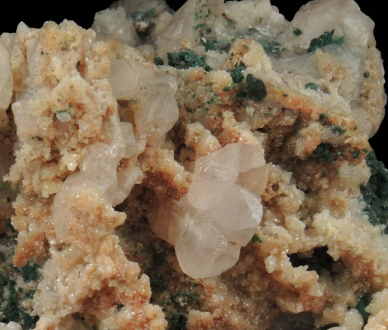 Cerussite (twinned crystals) on Calcite with Malachite from Tsumeb Mine, Otavi-Bergland District, Oshikoto, Namibia