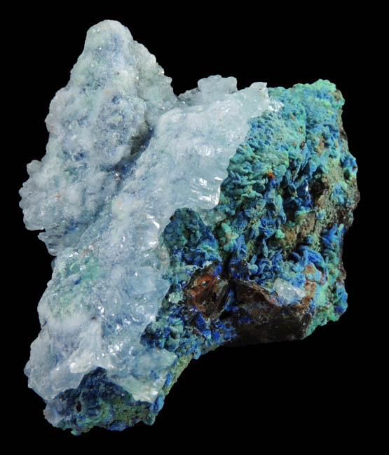 Calcite over Azurite with Malachite pseudomorphs after Azurite over Quartz from M'Ssici, Tinghir, Souss-Massa-Dra, Morocco