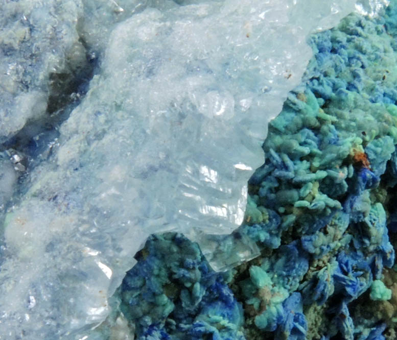 Calcite over Azurite with Malachite pseudomorphs after Azurite over Quartz from M'Ssici, Tinghir, Souss-Massa-Dra, Morocco