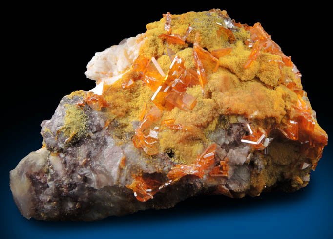 Wulfenite with Mimetite on Barite from Rowley Mine, 20 km northwest of Theba, Painted Rock Mountains, Maricopa County, Arizona