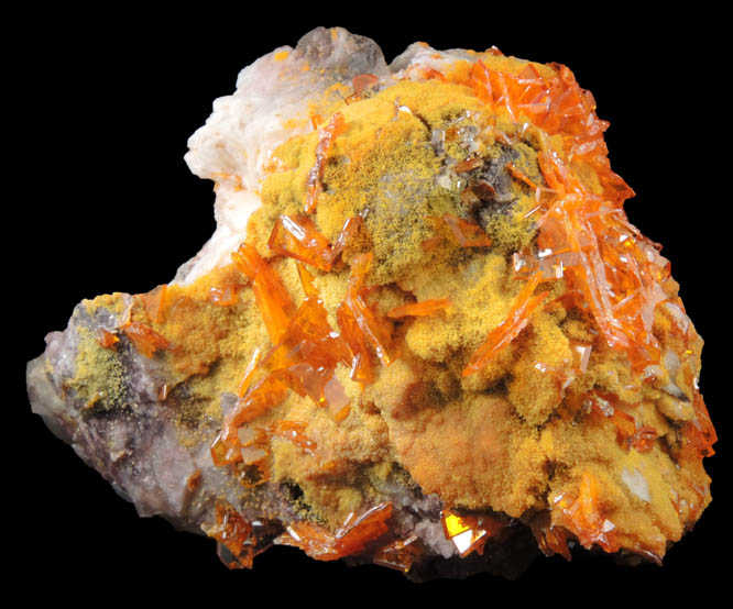 Wulfenite with Mimetite on Barite from Rowley Mine, 20 km northwest of Theba, Painted Rock Mountains, Maricopa County, Arizona