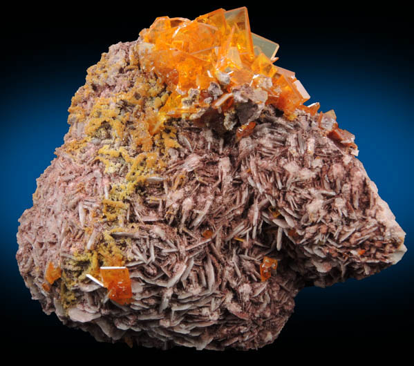 Wulfenite with Mimetite on Barite from Rowley Mine, 20 km northwest of Theba, Painted Rock Mountains, Maricopa County, Arizona