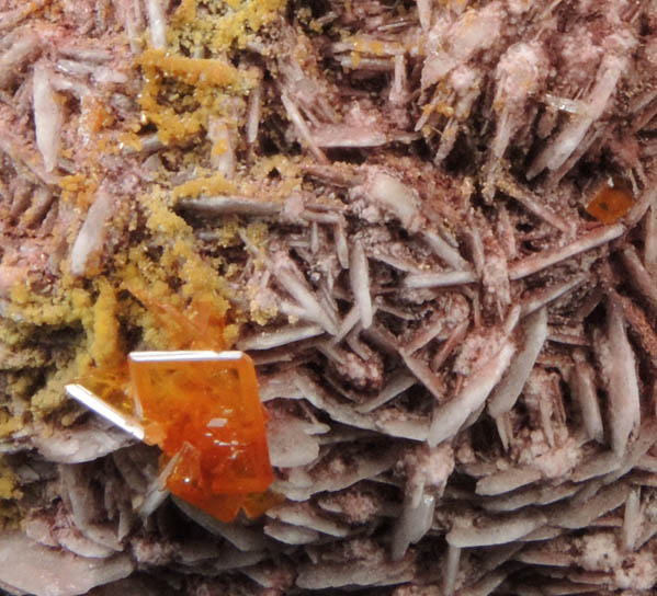 Wulfenite with Mimetite on Barite from Rowley Mine, 20 km northwest of Theba, Painted Rock Mountains, Maricopa County, Arizona