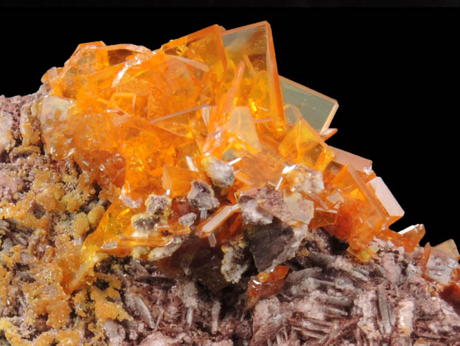 Wulfenite with Mimetite on Barite from Rowley Mine, 20 km northwest of Theba, Painted Rock Mountains, Maricopa County, Arizona