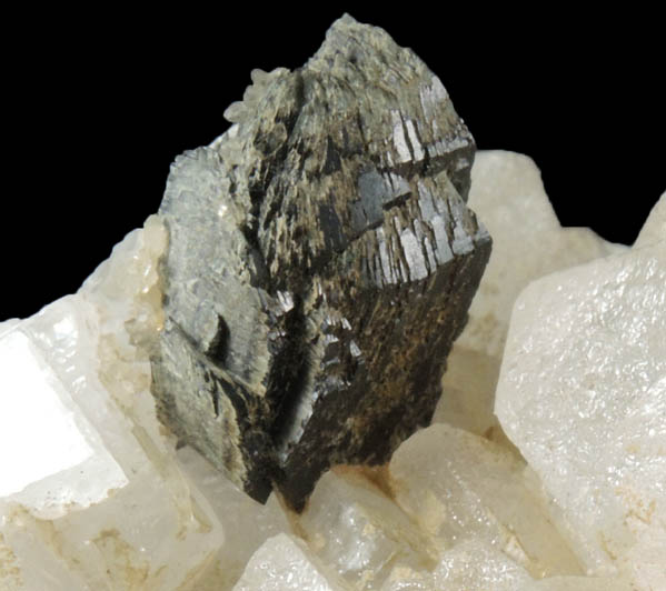 Babingtonite on Calcite from Lane's Quarry, Westfield, Hampden County, Massachusetts