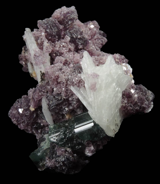 Lepidolite on Albite var. Cleavelandite with Elbaite Tourmaline from Pederneira Mine, Sao Jose da Safira, Minas Gerais, Brazil