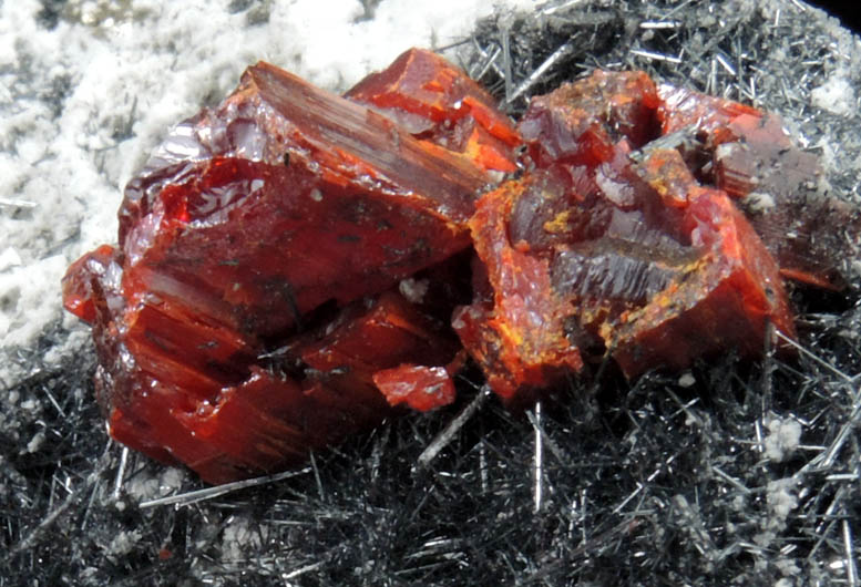 Realgar on Stibnite from Baia Sprie, Shaft 5, Level 280, Maramures, Romania