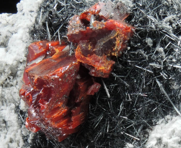 Realgar on Stibnite from Baia Sprie, Shaft 5, Level 280, Maramures, Romania