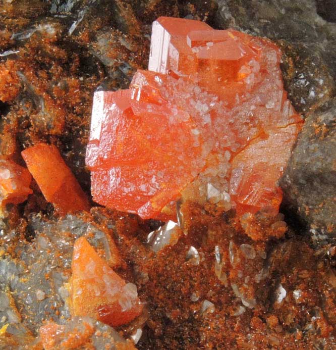 Wulfenite and Vanadinite on Calcite from Red Cloud Mine, Silver District, La Paz County, Arizona