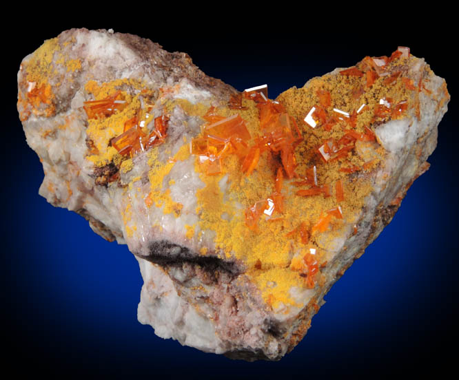 Wulfenite and Mimetite on Barite from Rowley Mine, 20 km northwest of Theba, Painted Rock Mountains, Maricopa County, Arizona