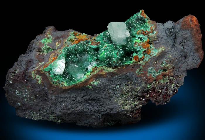 Calcite on Cuprian Adamite with Austinite from Mina Ojuela, Mapimi, Durango, Mexico