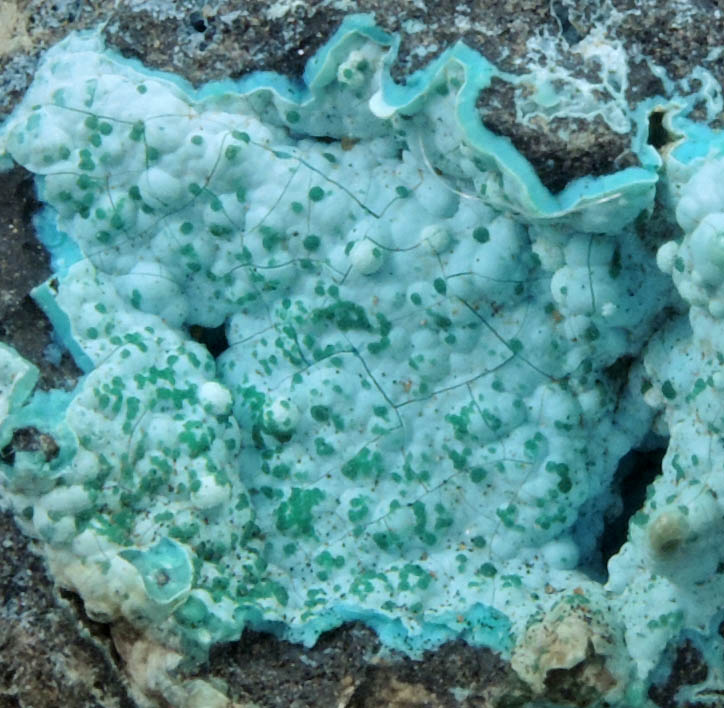 Chrysocolla with Malachite from Kolwezi Mining District, 240 km WNW of Lubumbashi, Katanga Copperbelt, Lualaba Province, Democratic Republic of the Congo