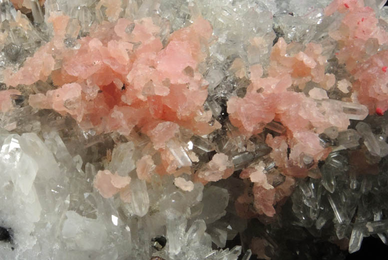 Rhodochrosite on Quartz with Pyrite from Wutong Mine, Guangxi Zhuang, China
