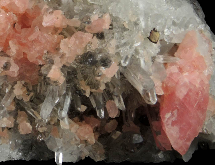 Rhodochrosite on Quartz with Pyrite from Wutong Mine, Guangxi Zhuang, China