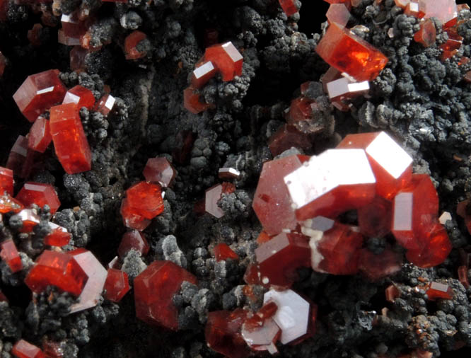 Vanadinite on Fe-Mn-oxide from Mibladen, Haute Moulouya Basin, Zeida-Aouli-Mibladen belt, Midelt Province, Morocco