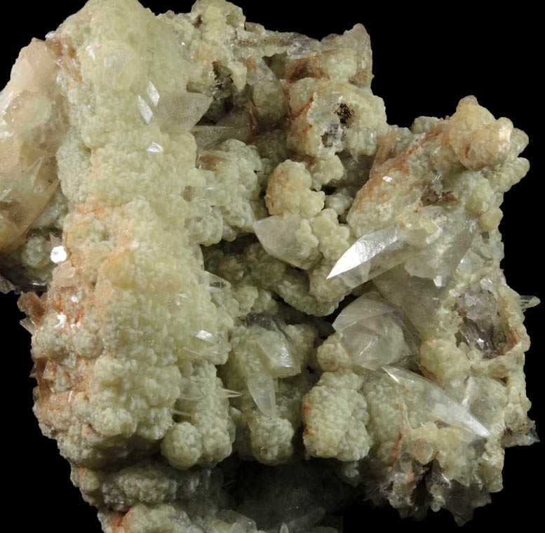 Calcite on Prehnite pseudomorphs after Anhydrite with Stilbite from Prospect Park Quarry, Prospect Park, Passaic County, New Jersey