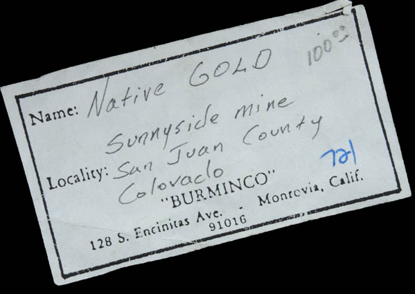 Gold in Quartz with Sphalerite from Sunnyside Mine, Little Mary Vein, above Level C, under Lake Emma, San Juan County, Colorado