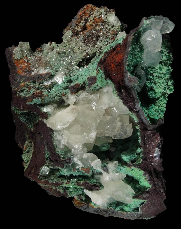 Calcite, Conichalcite, Adamite var. Cuproadamite from Mina Ojuela, Mapimi, Durango, Mexico