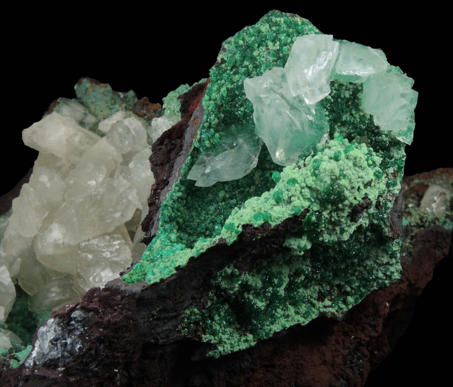 Calcite, Conichalcite, Adamite var. Cuproadamite from Mina Ojuela, Mapimi, Durango, Mexico