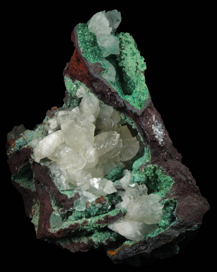 Calcite, Conichalcite, Adamite var. Cuproadamite from Mina Ojuela, Mapimi, Durango, Mexico