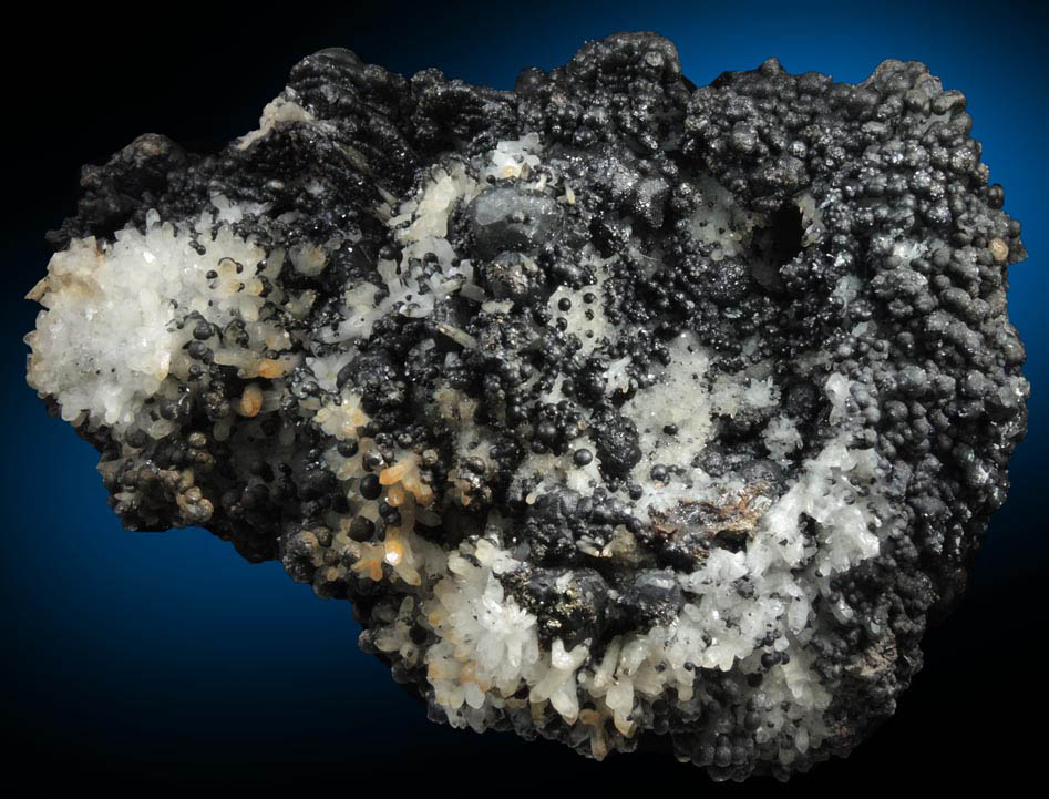 Acanthite over Quartz and Barite with minor Pyrite from Mina General, Fresnillo District, Zacatecas, Mexico