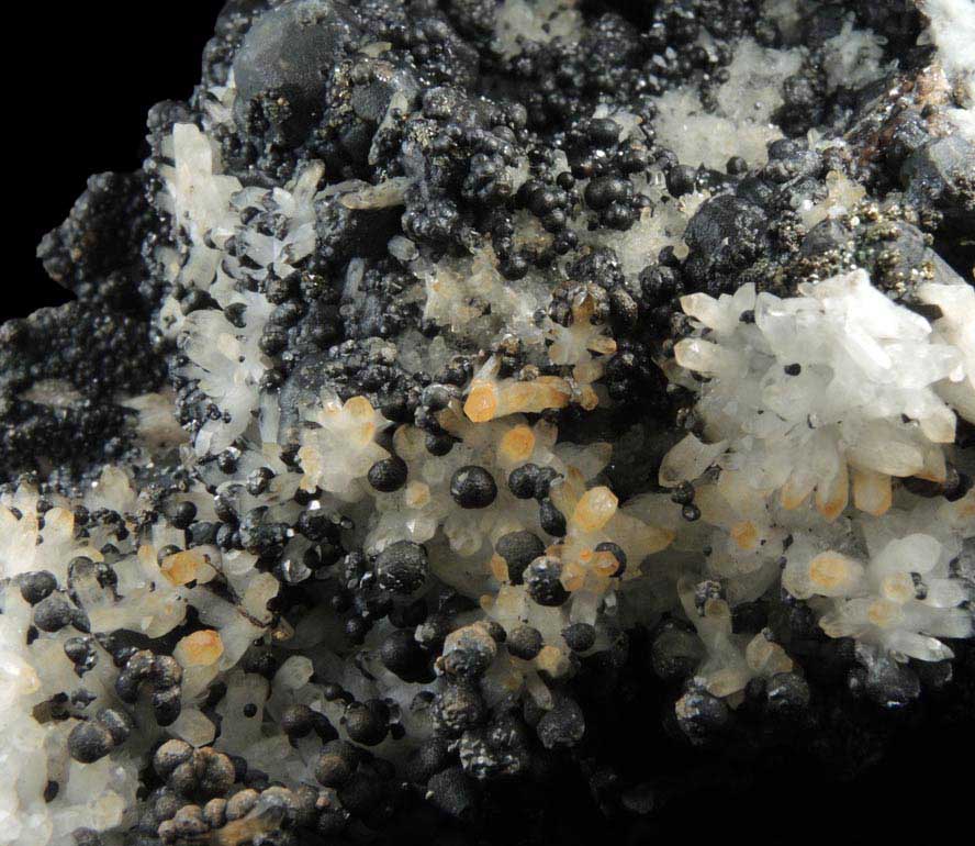 Acanthite over Quartz and Barite with minor Pyrite from Mina General, Fresnillo District, Zacatecas, Mexico