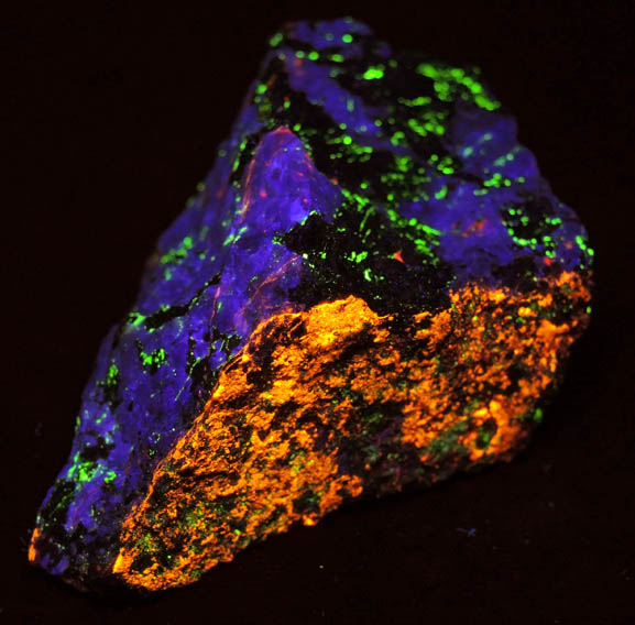 Hardystonite, Clinohedrite, Willemite, Franklinite (3 color fluorescence) from Franklin Mining District, Sussex County, New Jersey (Type Locality for Hardystonite, Clinohedrite and Franklinite)