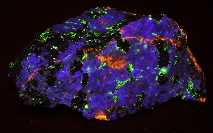 Hardystonite, Clinohedrite, Willemite, Franklinite (3 color fluorescence) from Franklin Mining District, Sussex County, New Jersey (Type Locality for Hardystonite, Clinohedrite and Franklinite)