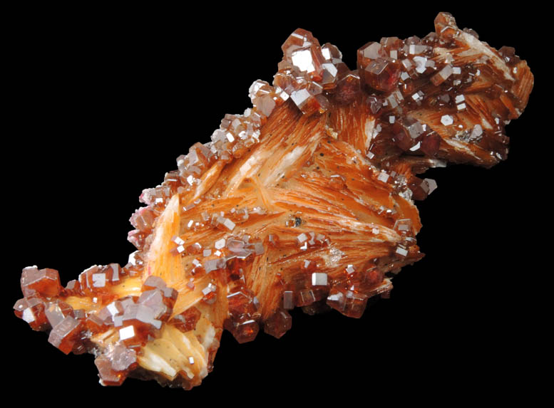 Vanadinite on Barite with Aragonite from Mibladen, Haute Moulouya Basin, Zeida-Aouli-Mibladen belt, Midelt Province, Morocco