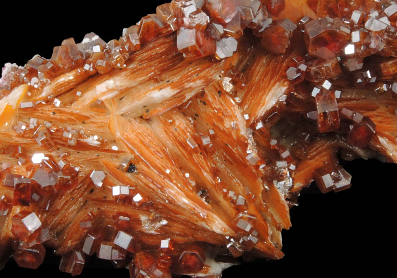 Vanadinite on Barite with Aragonite from Mibladen, Haute Moulouya Basin, Zeida-Aouli-Mibladen belt, Midelt Province, Morocco