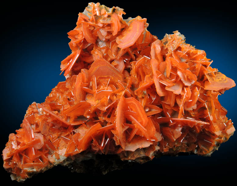 Wulfenite on Calcite from Jianshan Mine, Kuruktag Mountains, 300 km southeast of rmqi, Shanshan County, Xinjiang Uygur Region, China