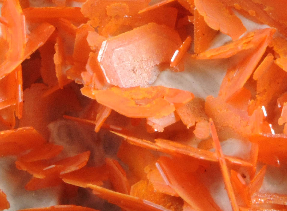 Wulfenite on Calcite from Jianshan Mine, Kuruktag Mountains, 300 km southeast of rmqi, Shanshan County, Xinjiang Uygur Region, China