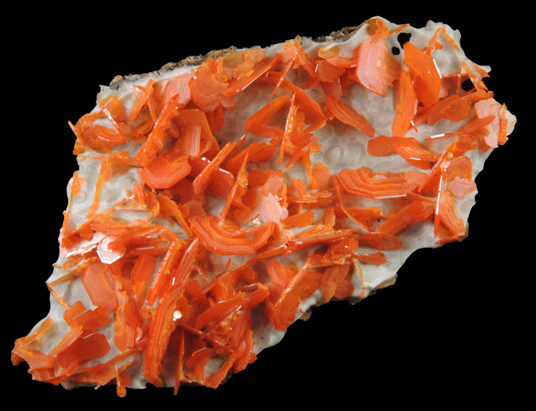 Wulfenite on Calcite from Jianshan Mine, Kuruktag Mountains, 300 km southeast of rmqi, Shanshan County, Xinjiang Uygur Region, China