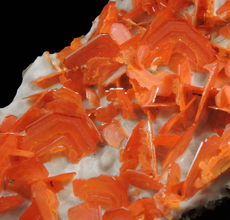 Wulfenite on Calcite from Jianshan Mine, Kuruktag Mountains, 300 km southeast of rmqi, Shanshan County, Xinjiang Uygur Region, China