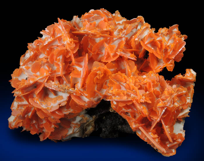 Wulfenite on Calcite from Jianshan Mine, Kuruktag Mountains, 300 km southeast of rmqi, Shanshan County, Xinjiang Uygur Region, China