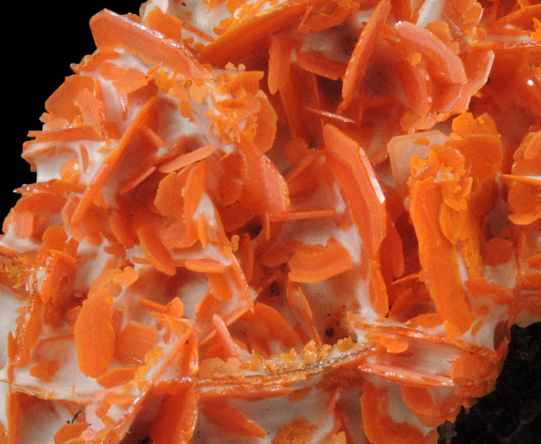 Wulfenite on Calcite from Jianshan Mine, Kuruktag Mountains, 300 km southeast of rmqi, Shanshan County, Xinjiang Uygur Region, China