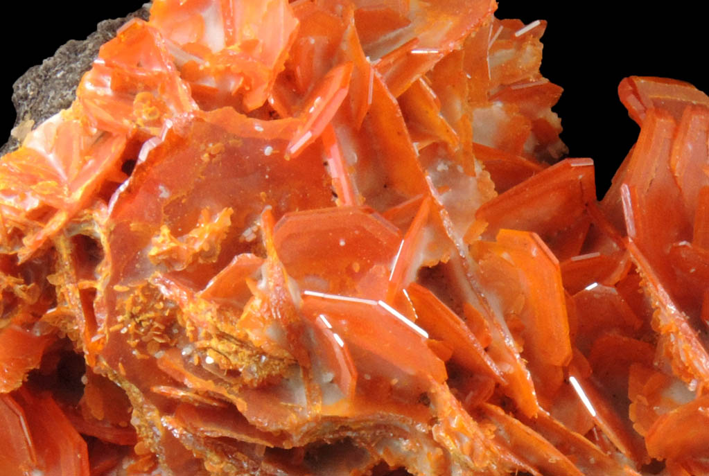 Wulfenite on Calcite from Jianshan Mine, Kuruktag Mountains, 300 km southeast of rmqi, Shanshan County, Xinjiang Uygur Region, China