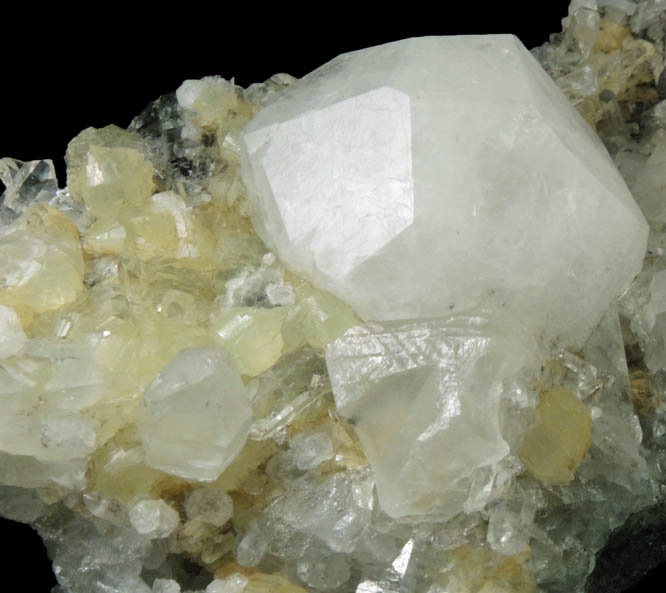 Analcime and Calcite on Prehnite and Quartz from Goboboseb Mountains, 43 km west of Brandberg Mountain, Erongo region, Namibia